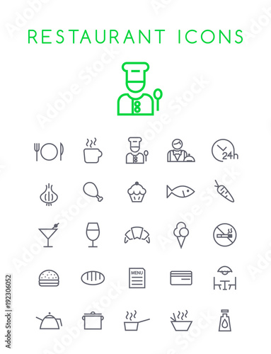Set of Quality Universal Standard Minimal Simple Restaurant Black Thin Line Icons on White Background