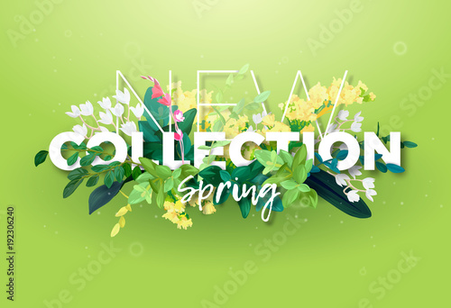 Bright spring design of an ad with a botanical bouquet of flowers, leaves and plant branches on a green background. Typography with the effect of 3d. Integrated inscription, vector illustration.