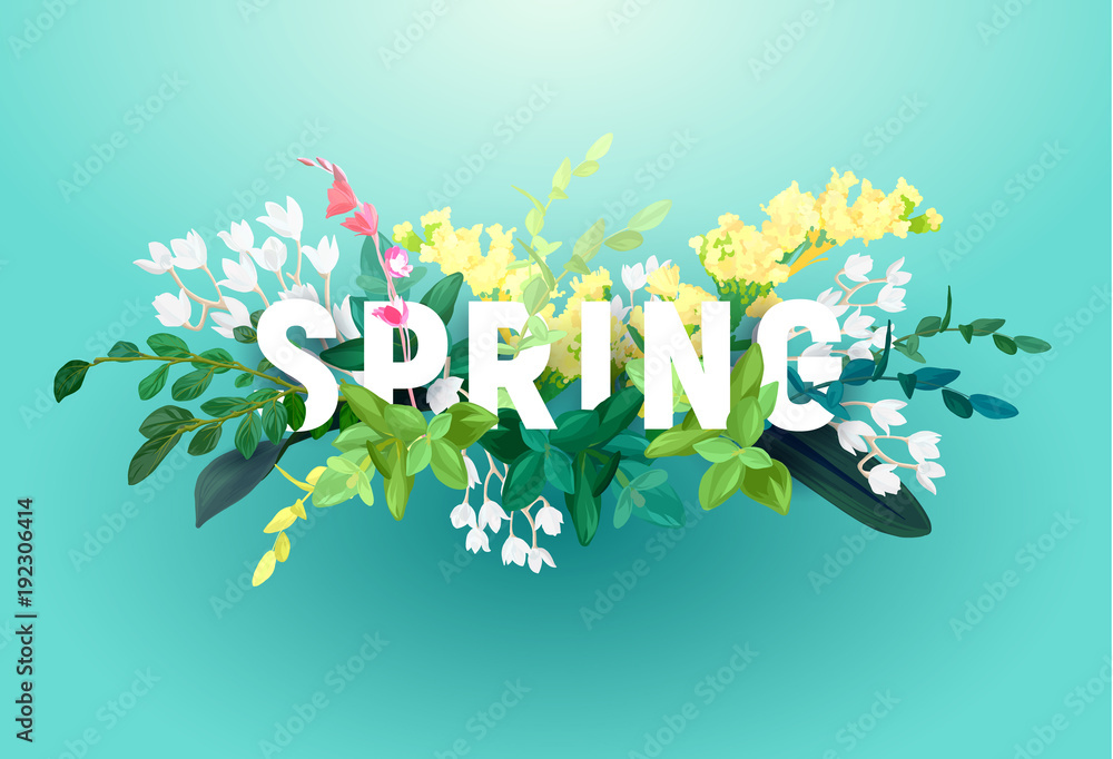 Bright spring design on a blue background. A voluminous inscription with an ornament from flowers, green leaves and plant branches. Vector illustration. - obrazy, fototapety, plakaty 
