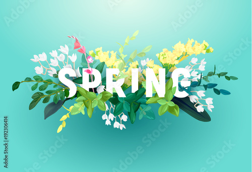 Bright spring design on a blue background. A voluminous inscription with an ornament from flowers, green leaves and plant branches. Vector illustration.