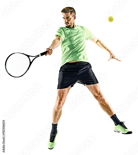one caucasian  man playing tennis player isolated on white background © snaptitude