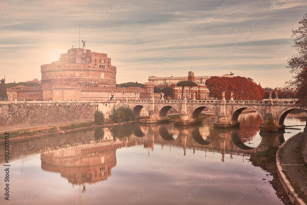 Rome, Castel Sant'Angelo at dawn, Tiber river