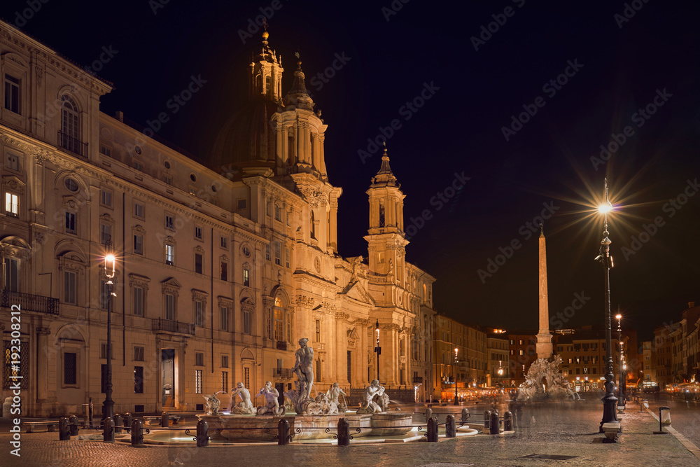 Rome, Piazza Navona, view of the fountains at night