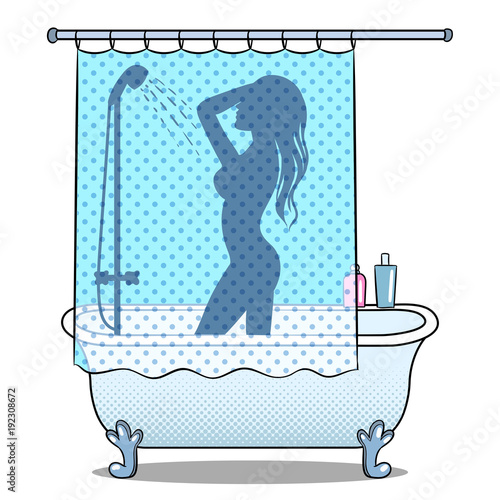 Woman washing in shower pop art style vector