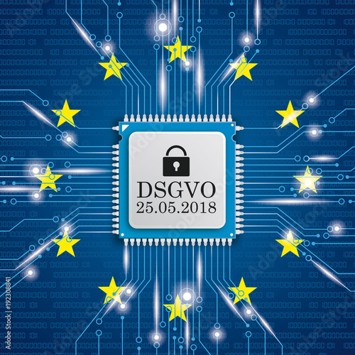 Prozessor mit EU-Flagge, Bügelschloss und DSGVO 