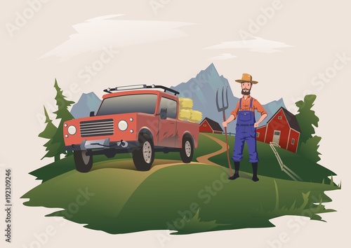 Harvesting or buying hay. Man standing next to a car, loaded with hay. Farmer with pitchfork. Vector illustration, isolated on light background.