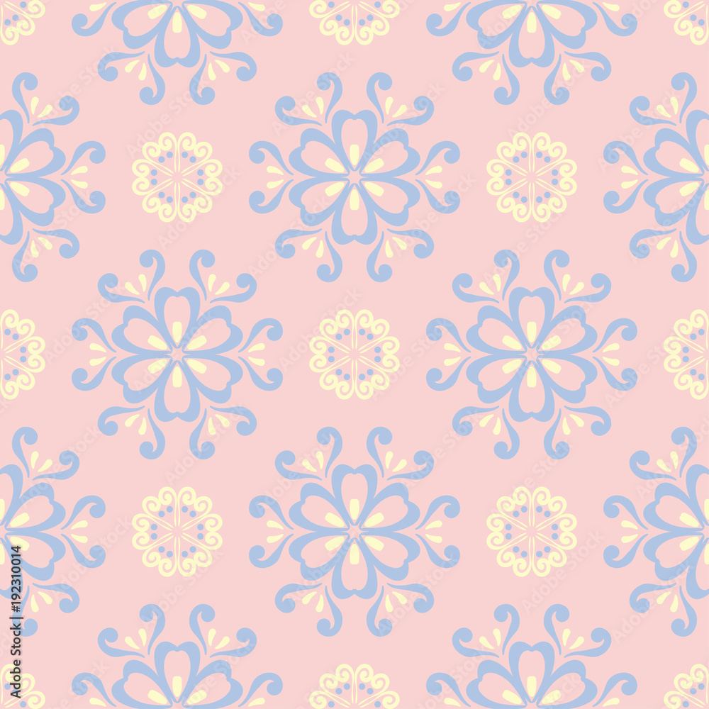 Floral seamless pattern. Pale pink background with light blue and yellow flower elements
