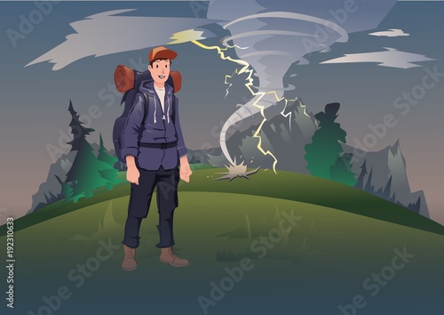 Bad weather in the mountains. Young man with backpack on the background of the mountain landscape with tornado and lightning. Mountain tourism, hiking, active outdoor recreation. Vector illustration.