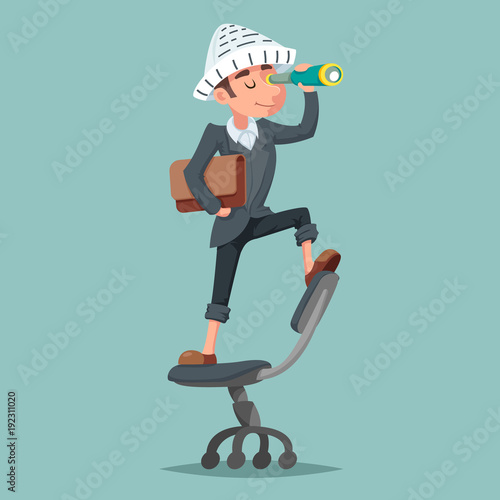 Adventurer hat newspaper businessman mascot pirate spyglass cartoon character design vector illustration