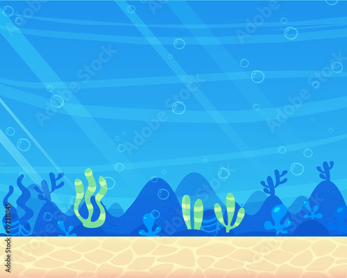 Seascape with reef, a marine sea bottom background. Cartoon style, vector illustration.