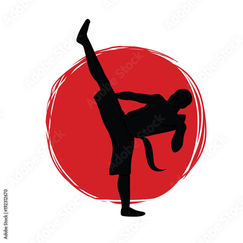 Logo for the club of martial arts. Karate, kung fu or wushu. Silhouette of a fighter against the background of the red sun. Vector illustration, isolated on white background.