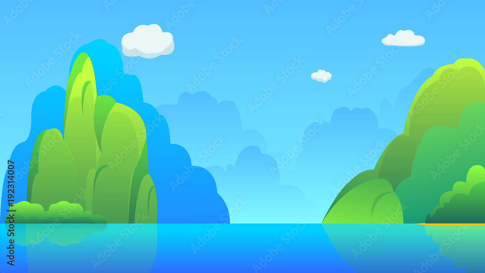 Islands with hills and sky background vector illustration.Beautiful nature scene with lake and mountains.