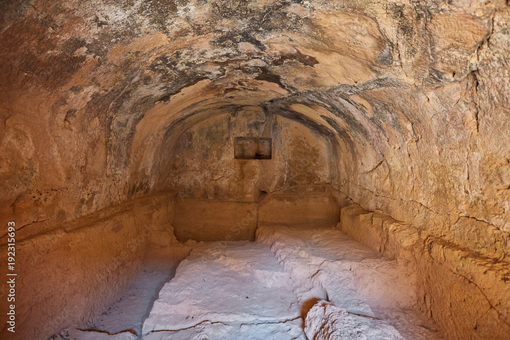 ancient burial chamber at the 'Tomb of the Kings in Paphos, Cyprus.
