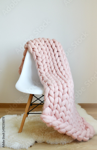 Giant Pink Plaid Blanket Woolen Knitted on White Wooden Stool Chair Home Scandinavian Style