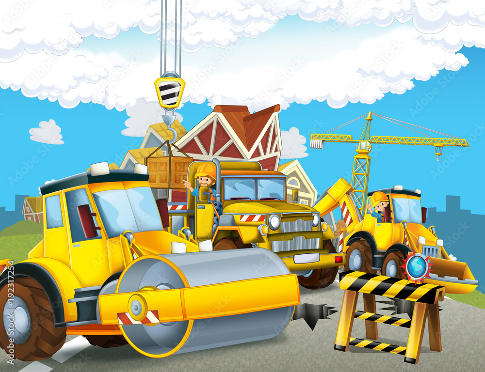 Fototapeta Kreskówki drogowego rolownika ciężarówka w mieście - ilustracja dla dzieci