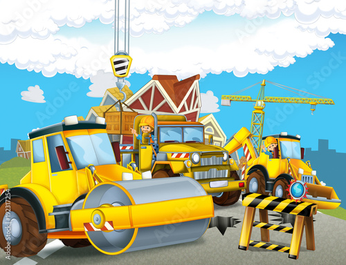 Fototapeta Kreskówki drogowego rolownika ciężarówka w mieście - ilustracja dla dzieci