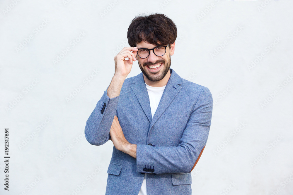 young businessman with glasses smiling abasing white background young businessman with glasses smiling abasing white background