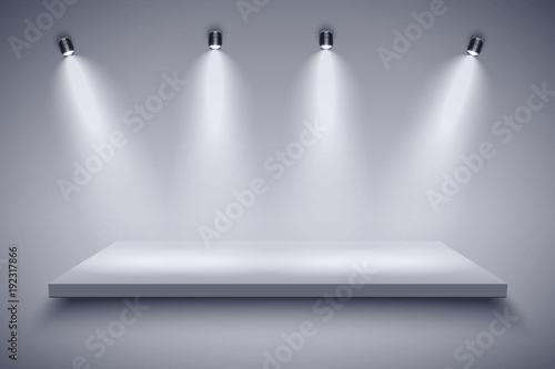 Light box with Black and white platform on with four spotlights. Editable Background Vector illustration.