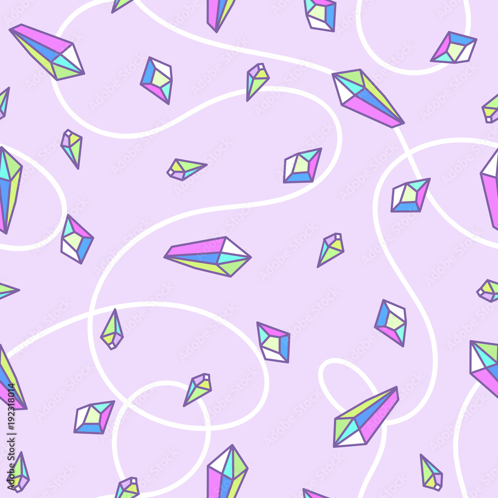 seamless pattern from crystal rainbow quartz in pastel colors, pink, purple, Indigo and turquoise, glitter gems, reflection holographic colors, delicate cute kids pattern for girls