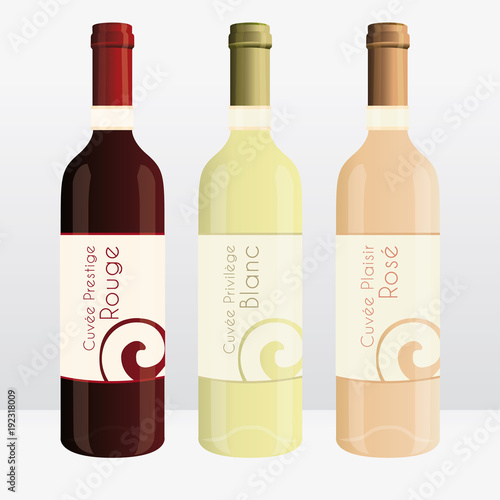 Red, white and rosé wine bottles. Vector marketing illustration. Virtual french brand name.