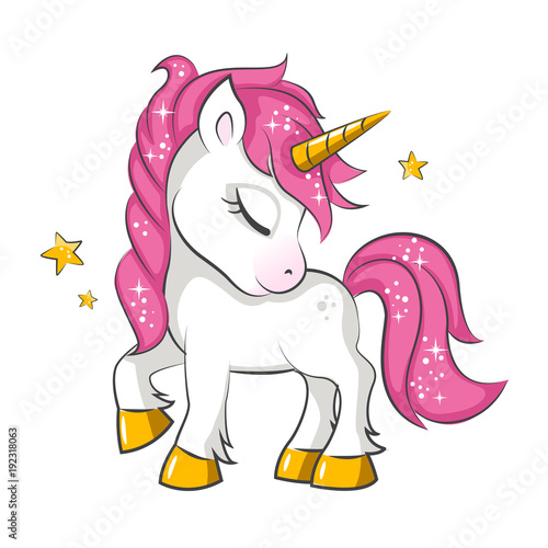 Cute little pink  magical unicorn. Vector design on white background. Print for t-shirt. Romantic hand drawing illustration for children.