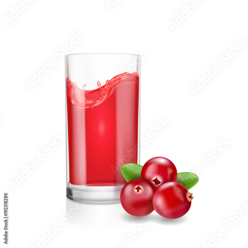 Glass of cranberry juice with realistic cranberries. Isolated on white background.
