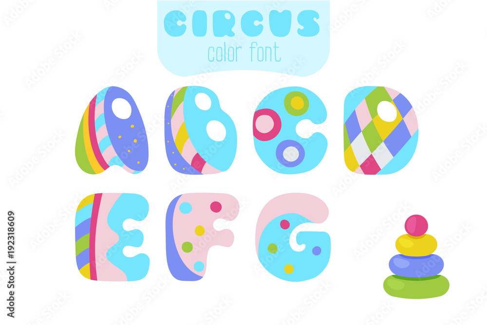Cartoon style letters A, B, C, D, E, F, G and pyramid toy Cartoon style letters A, B, C, D, E, F, G and pyramid toy