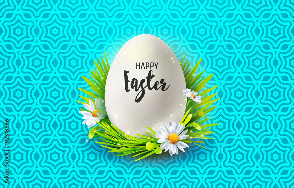 Web banner with inscription Happy Easter and realistic white egg, grass and flowers. Vector geometric background. Folk painting. Bright colors. Web banner with inscription Happy Easter and realistic white egg, grass and flowers. Vector geometric background. Folk painting. Bright colors.