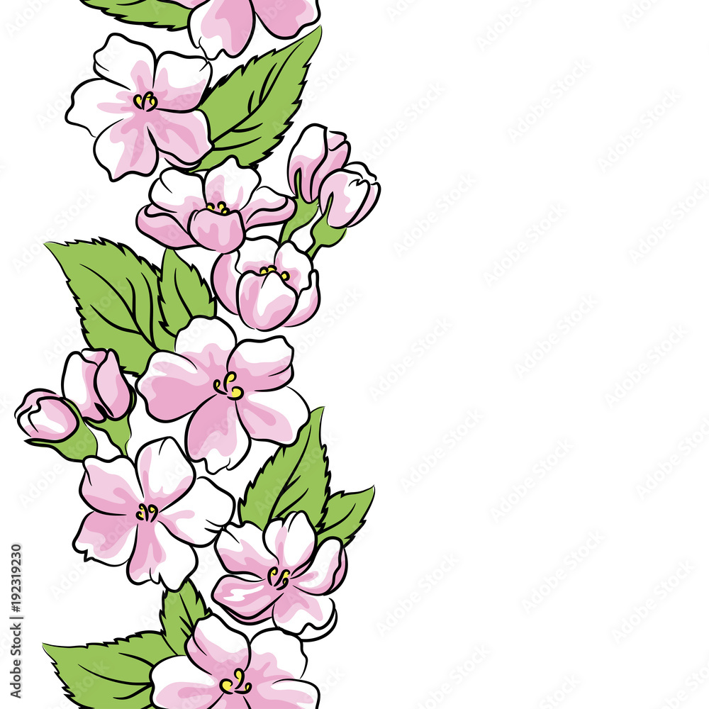 vector color pink apple flowers vertical seamless pattern