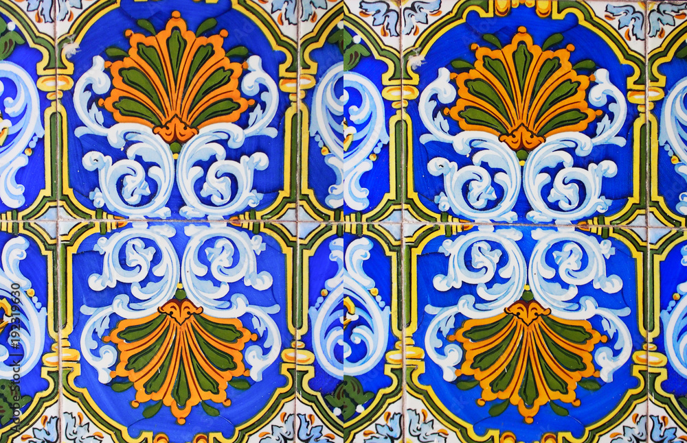 Detail of the traditional tiles from facade of old house. Decorative tiles.Valencian traditional tiles. Floral ornament.
