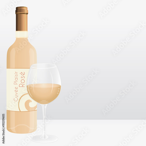Rosé wine bottle and wine glass. Vector marketing background. Virtual french brand name.