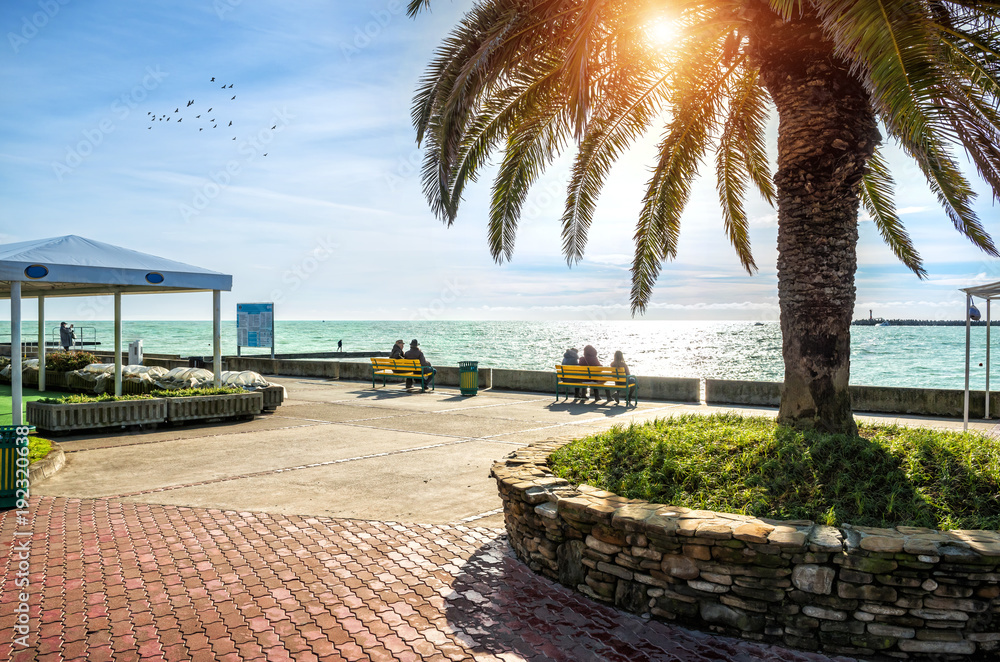 Obraz premium Widok na Morze Czarne w Soczi i odpoczynek na ławce patrząc na szmaragdowe Morze Czarne w promieniach zimnego słońca