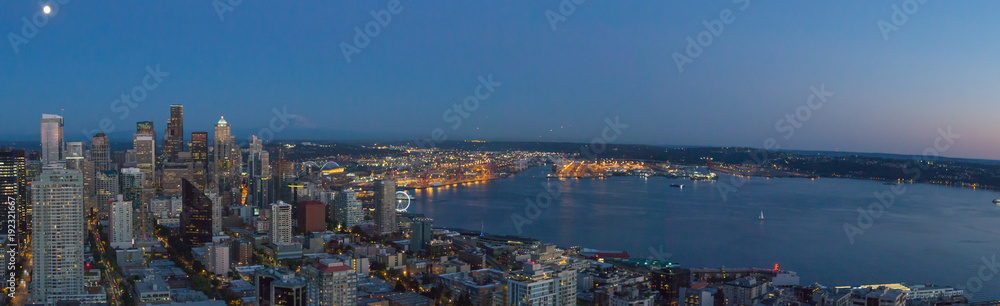 Seattle panorama from the Space Needle at dusk