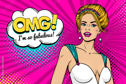 Wow female face. Sexy blonde woman with open mouth in elegant dress and tiara and OMG! speech bubble. Vector colorful background in pop art retro comic style. Party invitation poster. Birthday card.