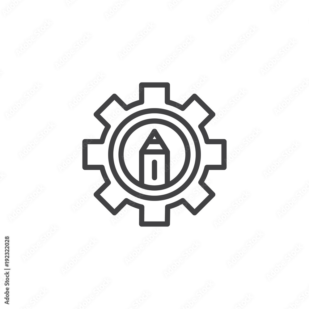 Pencil in gear outline icon. linear style sign for mobile concept and web design. Design settings simple line vector icon. Symbol, logo illustration. Pixel perfect vector graphics Pencil in gear outline icon. linear style sign for mobile concept and web design. Design settings simple line vector icon. Symbol, logo illustration. Pixel perfect vector graphics