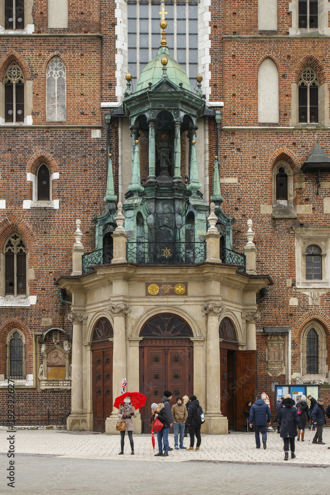 Krakow, Lesser Poland / Poland - Feb 02 2018: St. Mary's basilica in main square of Krakow.