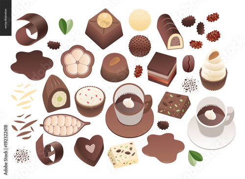 Love spring chocolate - set of dark and white chocolate crisp bonbons and bars, choclate chips, coffee and cacao beans and leaves