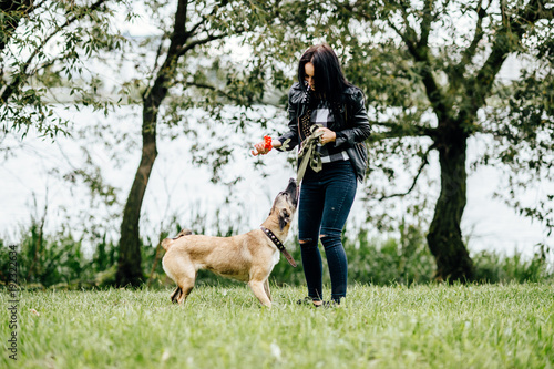 Young active guardian of animals girl playing and have fun with her furious frisky fast joyful dog outdoor in summer. Cute female owner walking with comic muzzle crazy puppy. Kind woman cares canine.