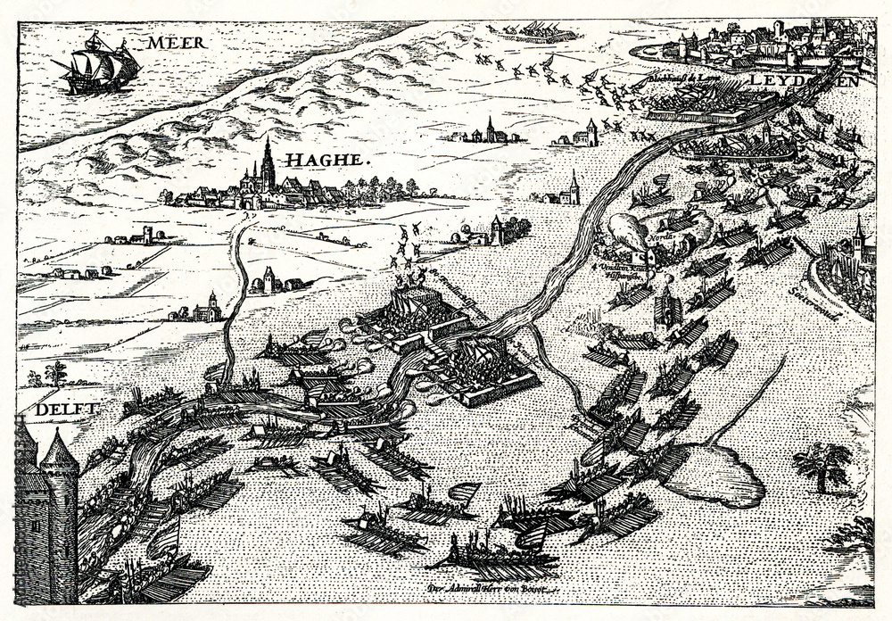 Naklejka premium Relief of Leiden by the geuzen on 3 October 1574; copper engraving by Hogenberg (from Spamers Illustrierte Weltgeschichte, 1894, 5[1], 615)
