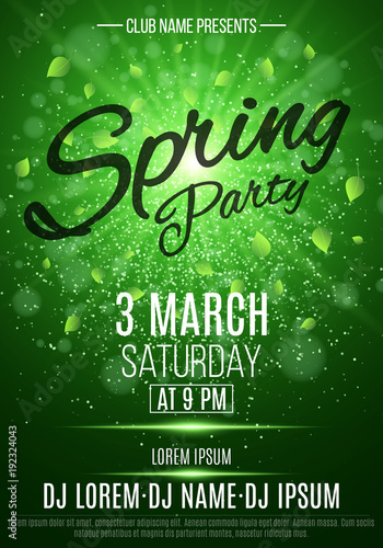 Flyer for a spring party. Bright flash of light. Flying leaves. Invitation card in night club. The names of the club and DJ. Luminous dust, glitters. Vector illustration