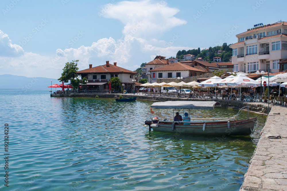 Outdoor dining areas on the shores of Lake Ohrid in Macedonia