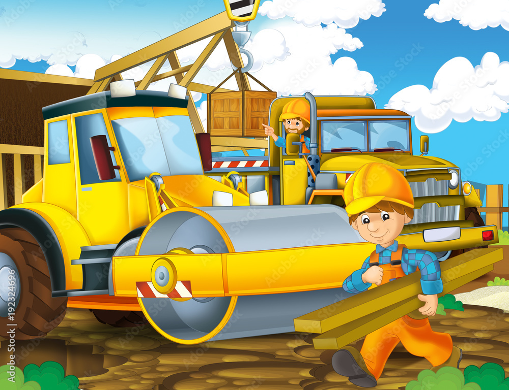 cartoon scene with construction site - worker doing some job - illustration for children Stock Illustration | Adobe Stock cartoon scene with construction site - worker doing some job - illustration for children Stock Illustration | Adobe Stock