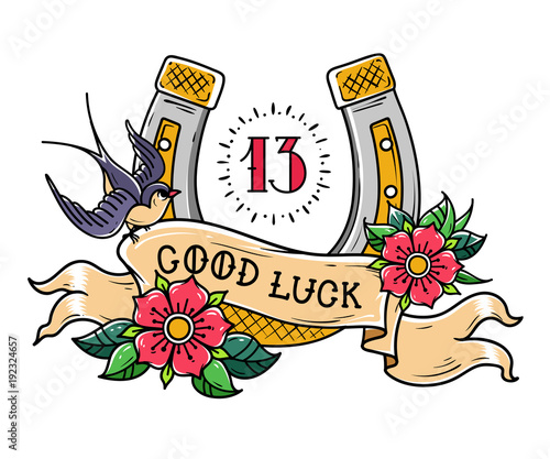 Tattoo gold horseshoe with roses, swallow, mystical number 13 and ribbon with lettering Good Luck.