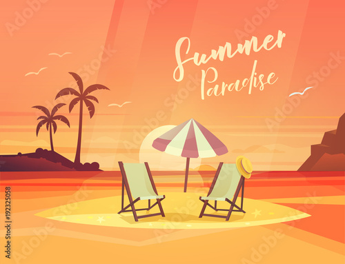 Sand coast or beach with deck chair and umbrella