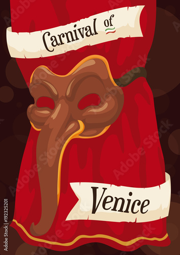 Zanni Mask over a Theater Curtain for Venice Carnival, Vector Illustration photo