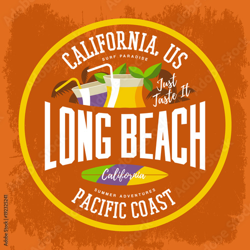 T-shirt print with surfboard and cocktails