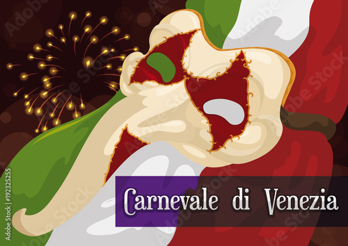 Italian Night in Venice Carnival with Zanni Mask and Flag, Vector Illustration photo