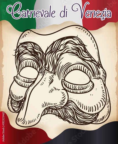 Beautiful Hand Drawn Pantalone Mask for Italian Venice Carnival, Vector Illustration