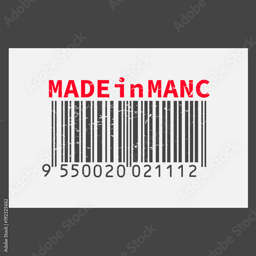 Vector realistic barcode Made in MANC on dark background.