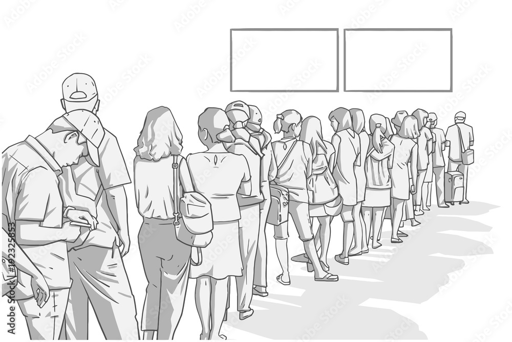 Illustration of crowd of people standing in line whit blank sign in perspective
